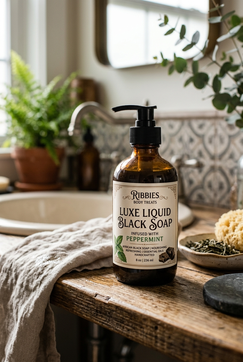 2oz.  Liquid Black Soap infused with peppermint amazing shower gel.